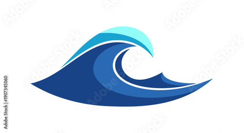 Dynamic Blue Ocean Wave Illustration, Powerful Sea Water Symbol, Isolated White Background.