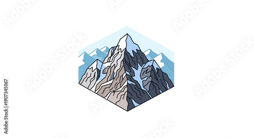 Isometric Snowy Mountain Range Illustration, Majestic Alpine Landscape, Isolated White Background.