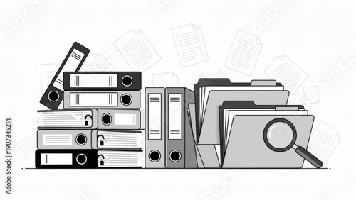 Office Supplies and Documents with Magnifying Glass.