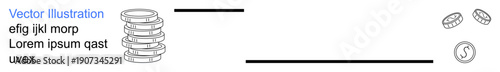 Finance, investment, wealth, currency exchange, money savings, digital payments. Stack of coins and currency-related symbols. Finance and investment concepts