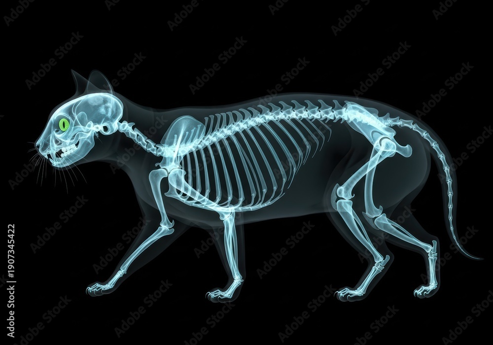 Fototapeta premium Detailed X-ray of a cat's skeletal structure, showcasing its anatomy in blue tones