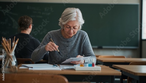 Older Woman Studies and Writes Notes at a Classroom Desk During a Learning Se...