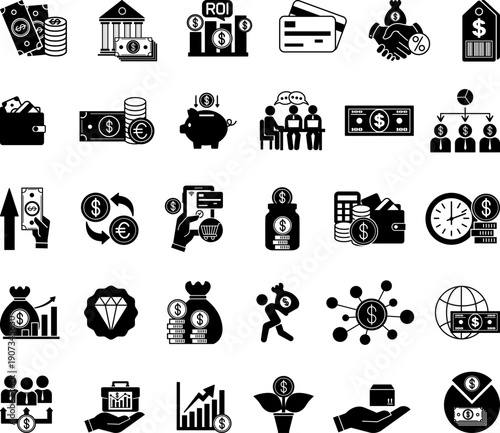 Glyph Dollar Icon Set. Vector Illustrations: Money, Banknote, Wallet, Profit, Bank, Investment, Income, Price, Currency Exchange, Piggy Bank, Budget, Business, Commission, and More