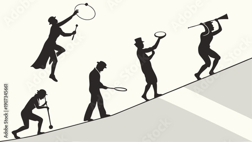 Silhouettes of Performers Climbing Uphill Showing Progress Steps Toward Success and Achievement Goals