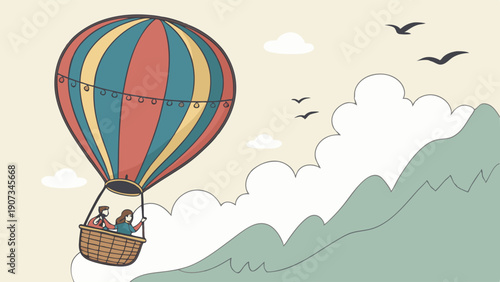 Adventurous Couple Flying Hot Air Balloon Over Green Mountains for Travel Website Design or Inspirational Journey Theme