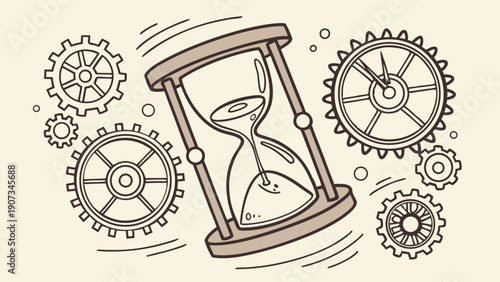 Vintage Hourglass Ticking With Rotating Gears Symbolizing Time Management Deadline Pressure Urgency Project Flow