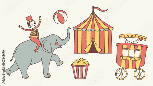 Cheerful Circus Icons for Children Party Invitations Fairground Entertainment Design Elements for Kids Summer Fun