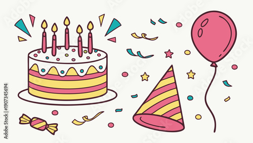 Birthday Party Celebration Elements Cake Candles Balloon Confetti Hat for Festive Greeting Card Web Design Celebration Graphic