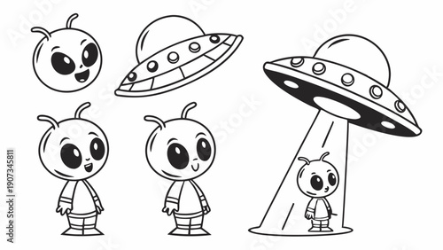 Cute Cartoon Alien Characters UFO Abduction Coloring Page Fun Kids Activity Book Illustration Design Element