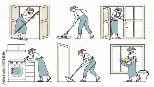 Housewife Cleaning Windows Mopping Floors Doing Laundry Home Maintenance Chores Vector Illustrations Set