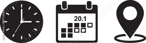 Black and white clock calendar and location pin