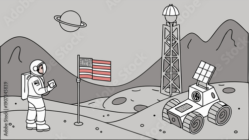 Astronaut Planting Flag on Moon Surface Near Rover and Space Tower for Exploration Web Design Projects