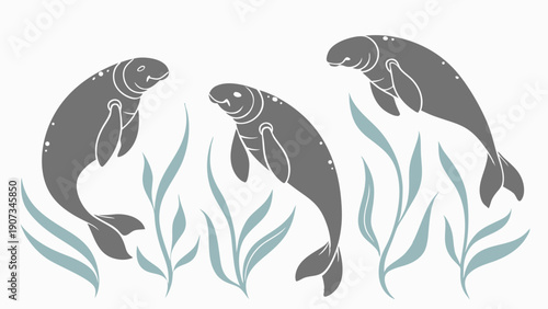 Three Gray Manatees Swimming Among Blue Sea Grass Ideal for Wildlife Conservation Brochures or Nautical Web Design Projects