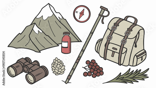 Mountain Hiking Gear and Supplies Flat Lay for Outdoor Adventure Travel Web Design and Seasonal Camping Promotion