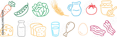 colorful hand drawn farm food elements set isolated on white background organic vegetable dairy and meat icons