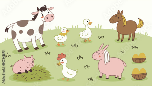 Cute Farm Animals Gathering in Sunny Green Pasture for Children's Book Illustration Educational Material Design