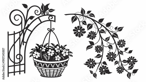 Ornate Wrought Iron Garden Arch Bracket with Hanging Flower Basket and Vine Swag for Rustic Home Decor and Landscape Design