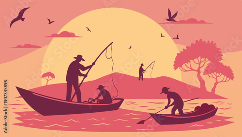 Silhouette Fishermen Boats Sunset River Scene for Travel Vacation Leisure Website Banners and Backgrounds