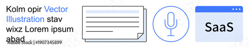 SaaS tools, voice recognition, text transcription, online services, business productivity, workflow automation. Minimalistic icons of a document, microphone and SaaS interface. SaaS tools and voice