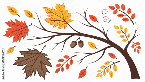 Autumn Tree Branch Falling Leaves Acorns Seasonal Design Element Perfect For Fall Holiday Greeting Cards Website Banners