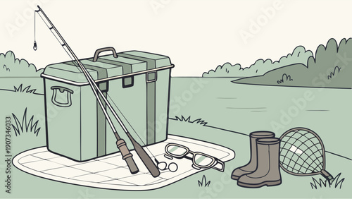 Outdoor Fishing Gear Ready for Summer Vacation Angler Adventure by Lake for Recreation and Leisure Website Banner