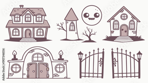 Spooky Cute Cartoon Haunted House Elements for Halloween Game Design and Spooky Storybook Illustration Assets