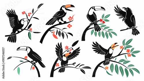 Black Toucan Bird Silhouettes Perched on Tropical Branches for Nature Design Projects