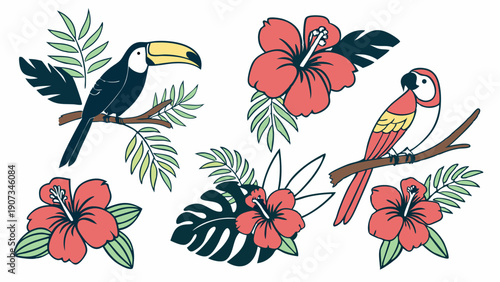 Tropical Toucan and Parrot with Hibiscus Flowers for Summer Vacation Travel Posters Invitations Web Design