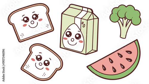 Cute Kawaii Food Icons for Healthy Kids Nutrition Education Meal Planning Web Design Graphics