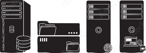 Black and white computer servers and data storage symbols folders files
