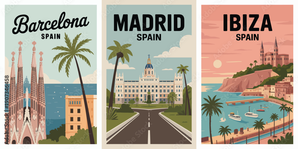 Fototapeta premium BARCELONA Poster: Tall Palm Tree in Foreground with Black Script Text and Palacio de Lérida in Madrid