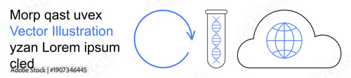 Science, technology, genetics, cloud storage, data management, connectivity. Features DNA test tube, globe in cloud circular arrow. Genetics and cloud storage concept