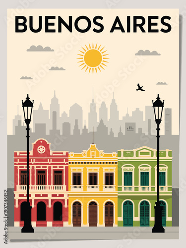 BUENOS AIRES Poster: Mid-Century Style Travel Poster with Black Typography on Light Gray Plaza Scene