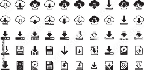 Black and white download on white background computer cloud file