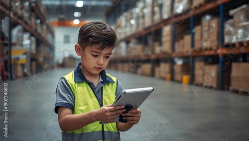 Young Boy Stands in Warehouse While Using Tablet in His Hands During Daytime