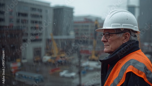Construction Worker Observes Rain During Work on Urban Building Site in the D...