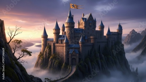 Mystical Castle on Rocky Cliffs at Sunset.