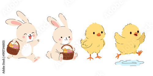 Cute Easter characters -  bunny rabbits with baskets of colorful eggs and yellow baby chicks. Adorable spring elements with soft pastel colors, playful poses and festive mood.