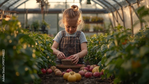 Girl Working in a Greenhouse Planting Seeds Among Vegetables and Fruits in th...