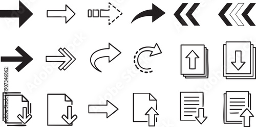 Black and white line of arrows and file transfers line arrows upload download