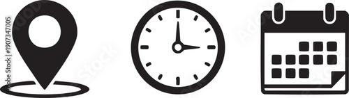 Black and white location pin clock and calendar map pin