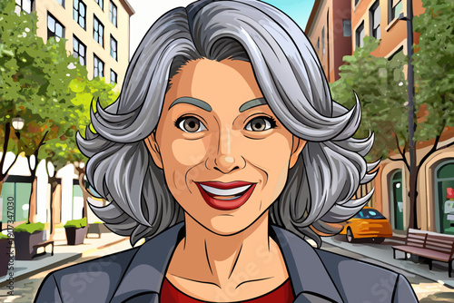 Middle aged woman with gray hair smiling confidently on city street natural light authentic lifestyle portrait expressing confidence positivity and modern mature beauty