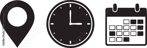 Black and white location pin clock calendar symbols on white background