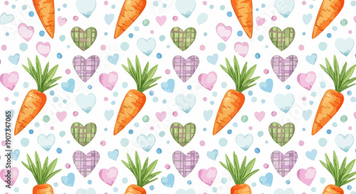 Watercolor vector seamless pattern with orange carrots, pastel hearts, and polka dots on white background