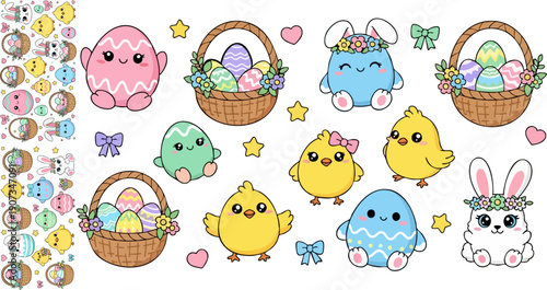 Kawaii Easter vector set with cute pastel eggs, bunnies, chicks, and baskets, isolated on white
