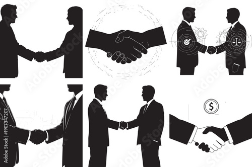 Businessmen shaking hands in various styles, symbolizing partnership, agreements, financial transactions, and legal contracts. Vector collection.