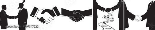Silhouettes of business people shaking hands, symbolizing agreement, partnership, and successful milestones on a journey. Vector graphics.