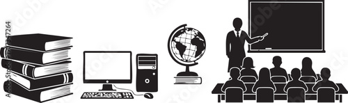 Black and white of a classroom with teacher and students computer