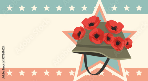 Commemorative Poppy Design with Military Helmet on Patriotic Star Background for Memorial Day Remembrance, Fallen Soldiers Tribute, and National Remembrance Holiday Graphics