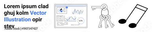 Data visualization, digital security, music, analysis tools, authentication, creative industries. Data analytics chart with graphs, a set of keys and music notes. Data visualization and digital